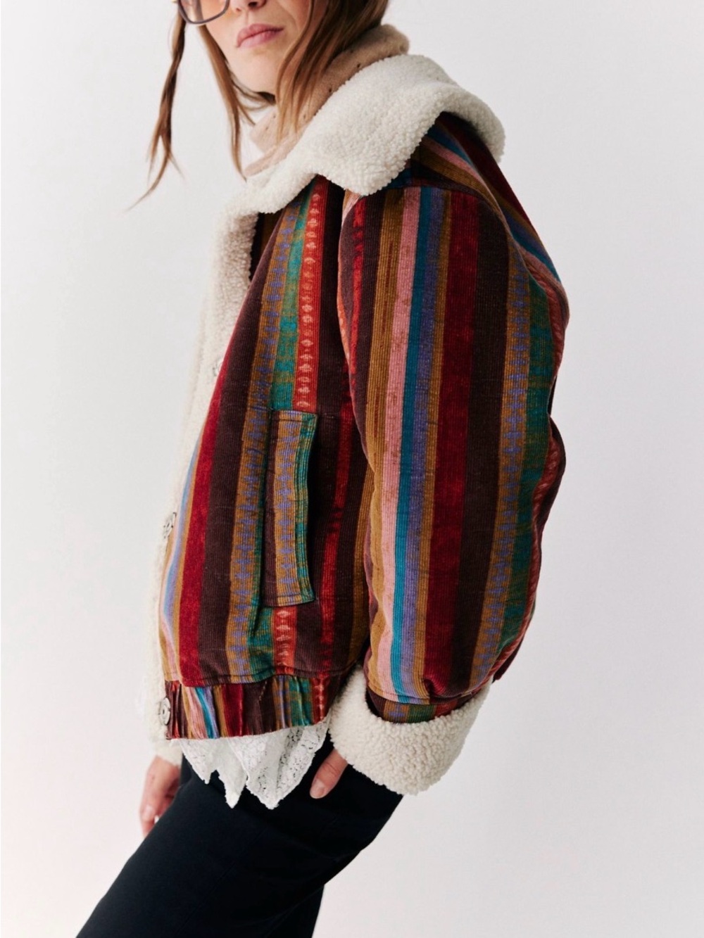 We the Free Corrigan Cozy Cord Striped Sherpa-Lined Jacket Retro 70s S18